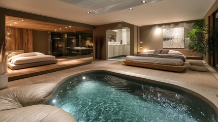 Luxury suite indoor pool night bedroom relaxation