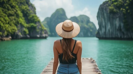 A female backpacker in a sunhat and sunglasses stands on a wooden pier in Halong Bay, Vietnam, with the limestone karsts rising out of the emerald-green water. The peaceful scene feels like a dream.
