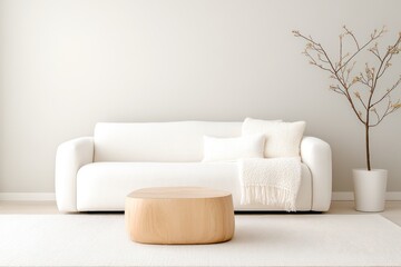 Cozy Nordic Living Room with Fluffy Pouf and Rustic Coffee Table Against Grey Wall