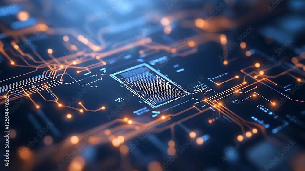 Poster a close-up view of a modern microchip on a circuit board highlighting technology and innovation
