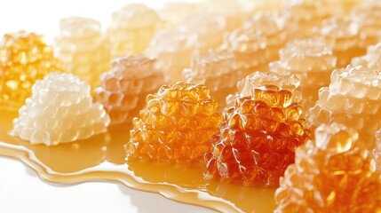 Golden Honeycomb Close Up Capturing Sweetness and Natural Texture on a White Background