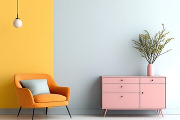 Scandinavian Retro Living Room with Orange Armchair and Pink Chest of Drawers