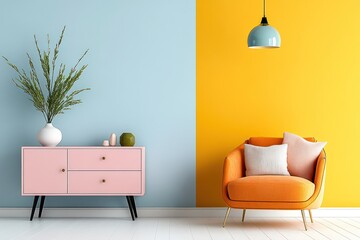 Scandinavian Retro Living Room with Orange Armchair and Pink Chest of Drawers