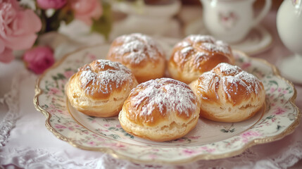 Delicious Fastelavn shrove buns on a decorative plate with a sprinkling of powdered sugar surrounded by soft pastel colors on an elegant table