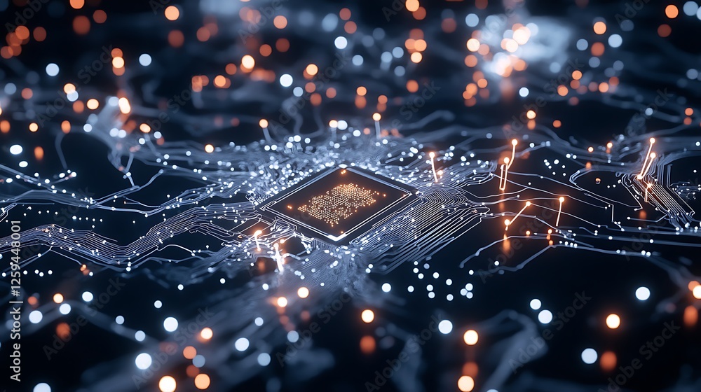 Poster a close-up view of a modern microchip on a circuit board highlighting technology and innovation