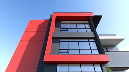 A modern house with red and gray exterior walls, featuring window frames in black. The building has three floors, each showcasing different architectural styles.