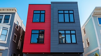 A modern house with red and gray exterior walls, featuring window frames in black. The building has three floors, each showcasing different architectural styles.