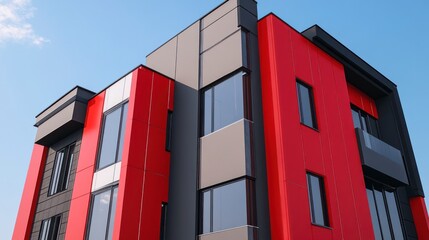 A modern house with red and gray exterior walls, featuring window frames in black. The building has three floors, each showcasing different architectural styles.