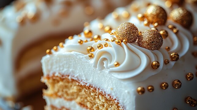 Close-up of a beautifully decorated cake with golden accents, showcasing intricate frosting details