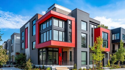A modern house with red and gray exterior walls, featuring window frames in black. The building has three floors, each showcasing different architectural styles.