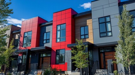 A modern house with red and gray exterior walls, featuring window frames in black. The building has three floors, each showcasing different architectural styles.