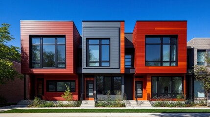 A modern house with red and gray exterior walls, featuring window frames in black. The building has three floors, each showcasing different architectural styles.