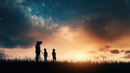 Family stargazing in a serene meadow, exploring the cosmos together, fostering connections through shared discovery and wonder