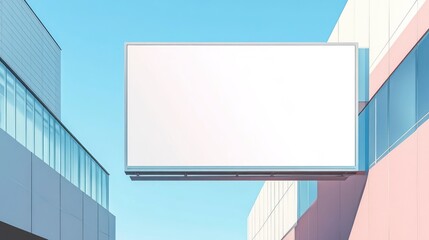 A blank white billboard on the side of an office building, with a clear blue sky in the background. The billboard is large and wide