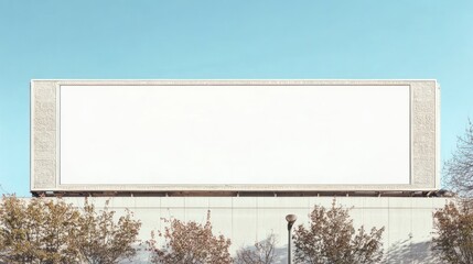 A blank white billboard on the side of an office building, with a clear blue sky in the background. The billboard is large and wide