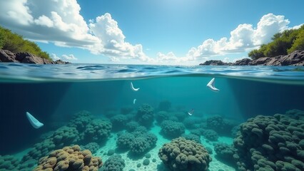 Obraz premium Split view of a coral reef ecosystem showing underwater and sky above 