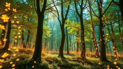 Obraz premium Bewitching Forest Tapestry: Glittering Blossoms and Shimmering Leaves