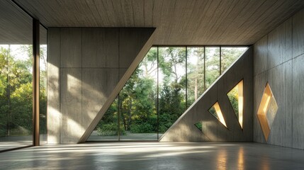 Interior view of an open space with concrete walls and large windows. There is a forest in the background, and a wall has three triangular cutouts on it