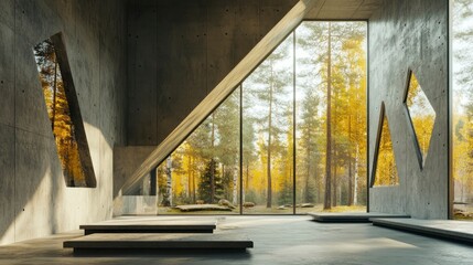 Interior view of an open space with concrete walls and large windows. There is a forest in the background, and a wall has three triangular cutouts on it