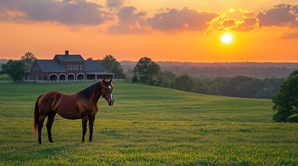 Majestic horse standing in a lush green field at sunset near a picturesque farmhouse