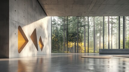 Interior view of an open space with concrete walls and large windows. There is a forest in the background, and a wall has three triangular cutouts on it
