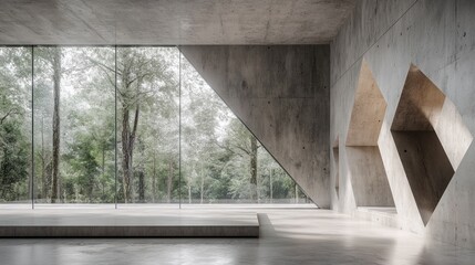 Interior view of an open space with concrete walls and large windows. There is a forest in the background, and a wall has three triangular cutouts on it