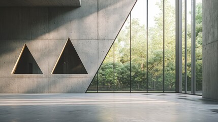 Interior view of an open space with concrete walls and large windows. There is a forest in the background, and a wall has three triangular cutouts on it