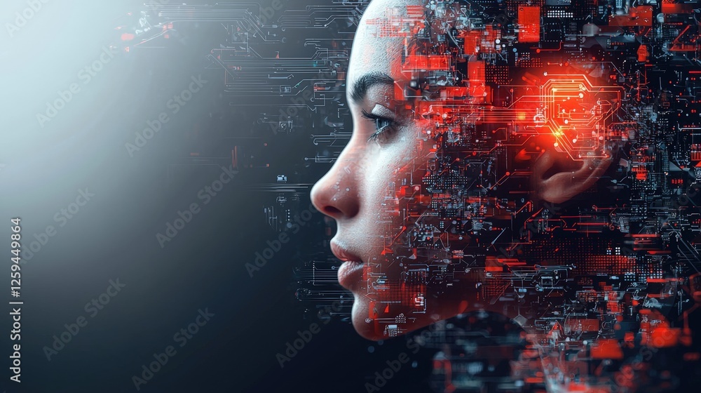 Poster womans face with circuit pattern in a minimalist digital art style showcasing technology and creativ