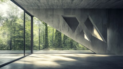 Interior view of an open space with concrete walls and large windows. There is a forest in the background, and a wall has three triangular cutouts on it