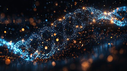 Abstract representation of a glowing DNA strand with shimmering particles in a dark background