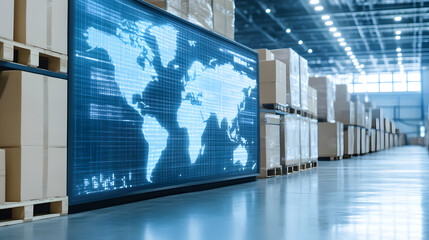 A sleek logistics control room where analysts monitor real-time shipping data on large transparent holographic screens. The displays show e-commerce growth trends, tracking numbers, and delivery