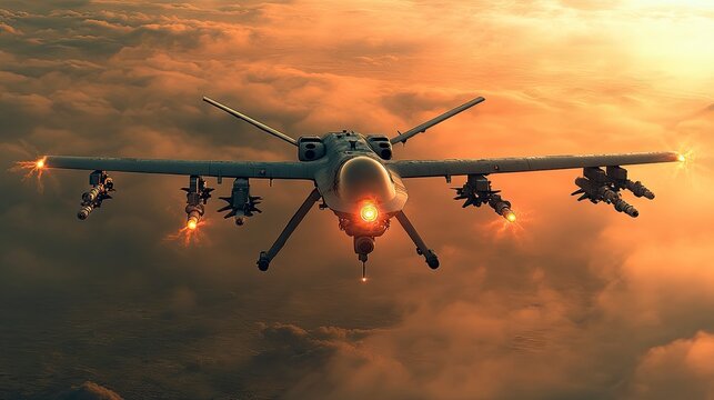 Military robot executing precision bombing run, targeting systems engaged, aerial warfare - Powered by Adobe