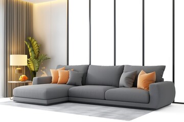 Modern Shabby Chic Living Room: Grey Sofa and Round Side Table with Grid Window View