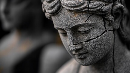 Broken statue, garden setting, somber mood, artwork