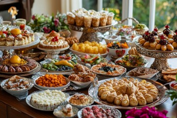 Fototapeta premium Abundant dessert buffet, indoor party, bright window
