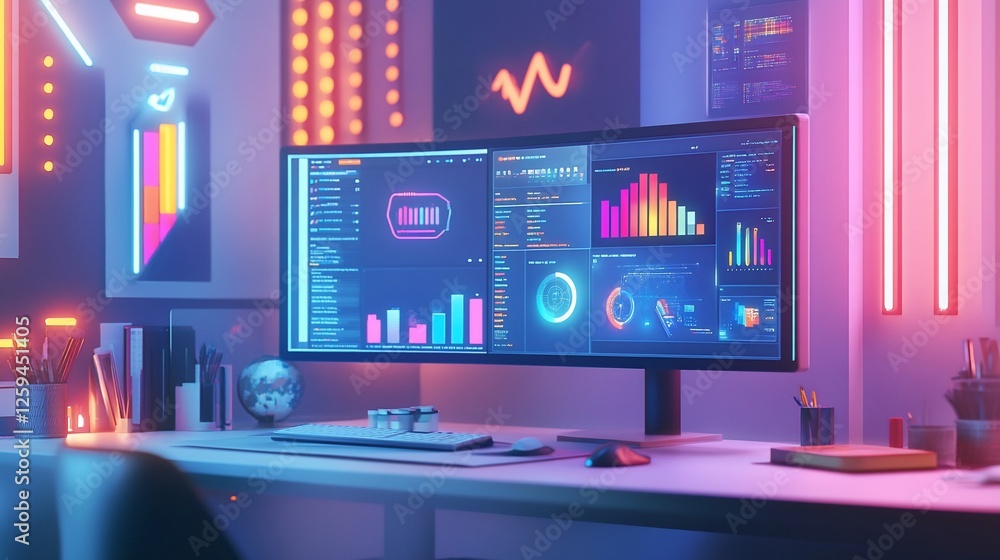 Poster a futuristic workspace with glowing lights, screen displaying data visualization and neon art