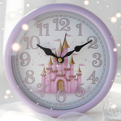 Enchanting Lavender Clock with Pink Castle and Floating Stars
