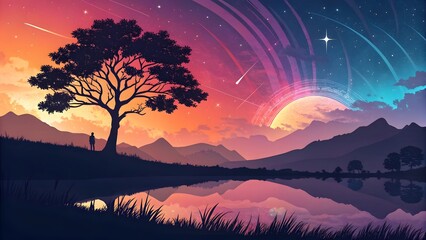 Vibrant Sunset Landscape with Lone Tree Silhouette Stunning Fantasy Sky,Shooting Stars,and Mountains Reflecting on a Serene Lake | Dreamy Digital Art for Wallpapers,Nature Aesthetic & Night Sky Lovers