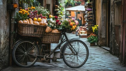 Rustic Charm: Bicycle Laden with Bread, Fruits, and Flowers in a Charming European Alley
