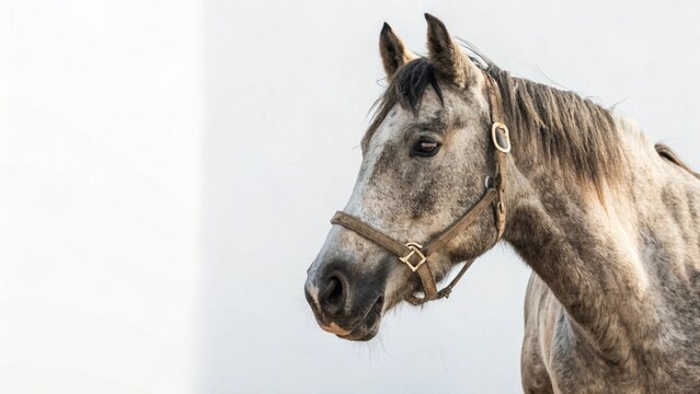 Close-Up of a Brown Horse with a Halter Against a Light Background - Powered by Adobe