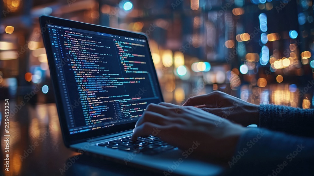 Poster hands typing on laptop keyboard with code on screen in a dimly lit urban environment highlighting mo