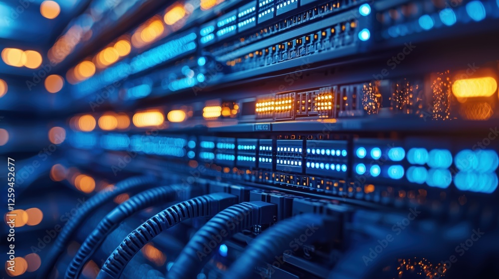 Poster close-up view of data center with illuminated network server racks, bright led indicators, and conne