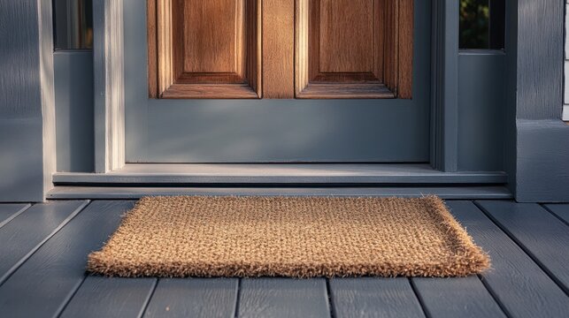 Home entrance, doormat, gray porch, sunlight, welcome