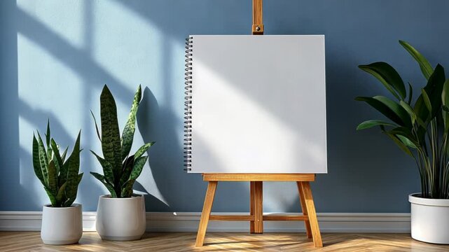 Blank sketchpad on wooden easel in bright room with potted plants