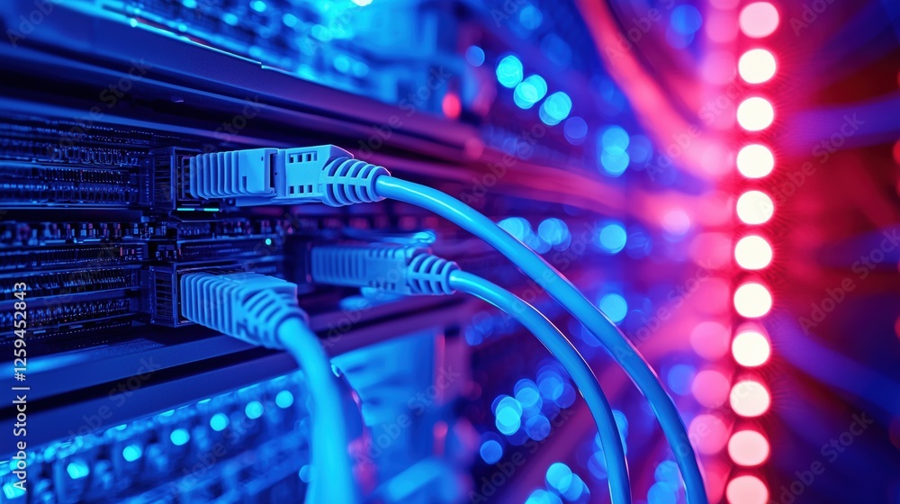 Poster Close-up View of Network Cables and Server Equipment with Colorful Lights in Data Center Environment for Technology and Digital Communication Concepts
