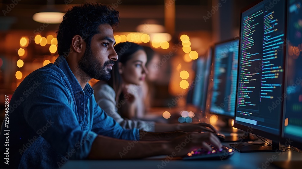 Aufkleber focused diverse programmers working late night in modern office with bright displays and bokeh backg