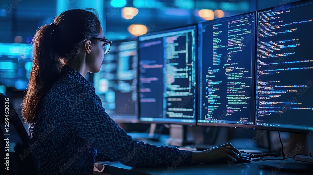 Poster professional female programmer working on multiple monitors in modern office environment with vivid 