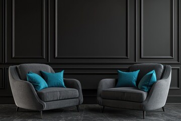 Modern interior with dark furnishings against black wall, teal accents, 3D.