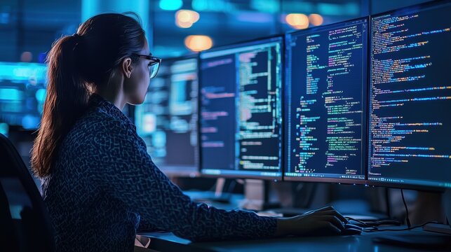 Professional Female Programmer Working on Multiple Monitors in Modern Office Environment with Vivid Blue Lighting and Code on Screens