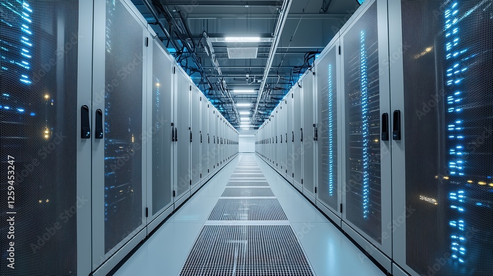 Aufkleber modern data center interior with server racks and neon lights illuminating corridor for technology a